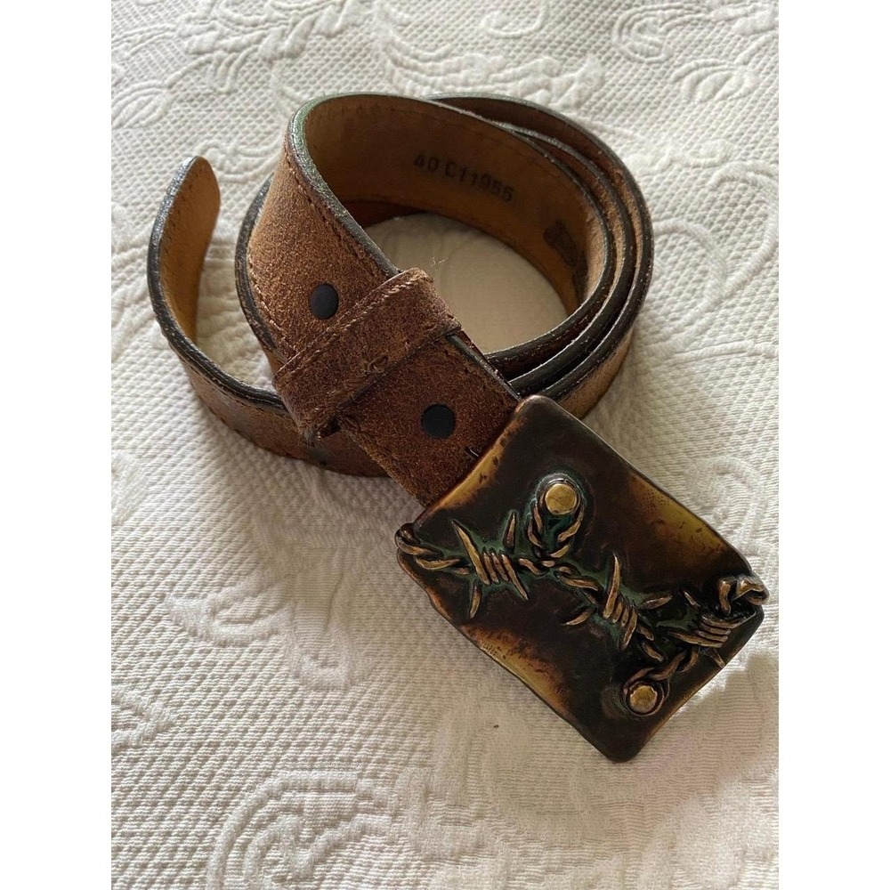 Bent Rail Barbed Wire Belt Removable Buckle Brown Leather Strap Size 40" s2